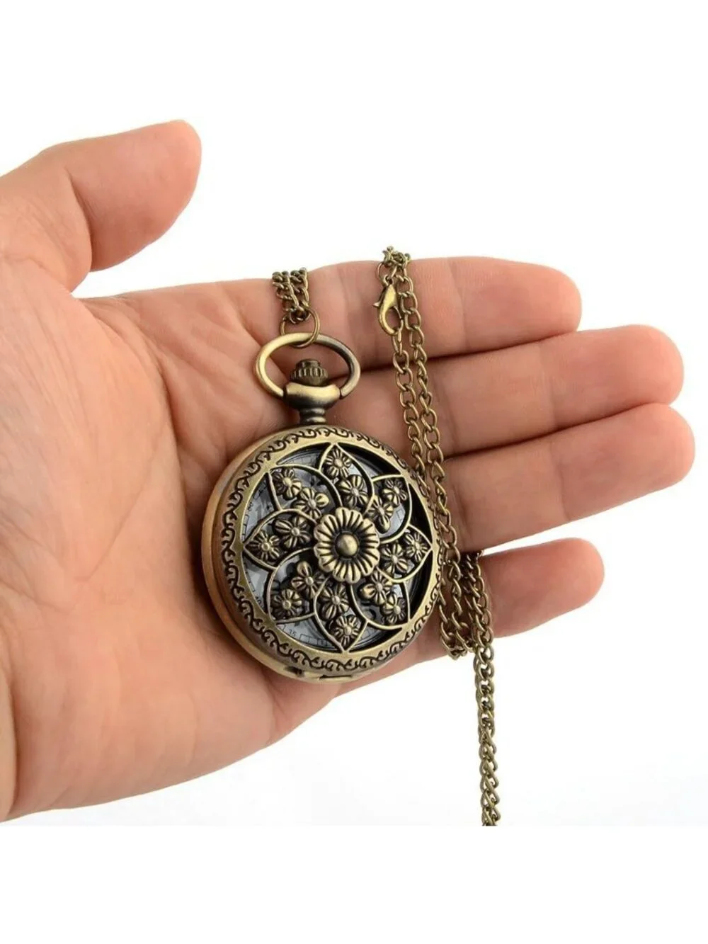 Women's White Quartz Antique Bronze Retro Hollow Rose Flowers Round Pocket Watch